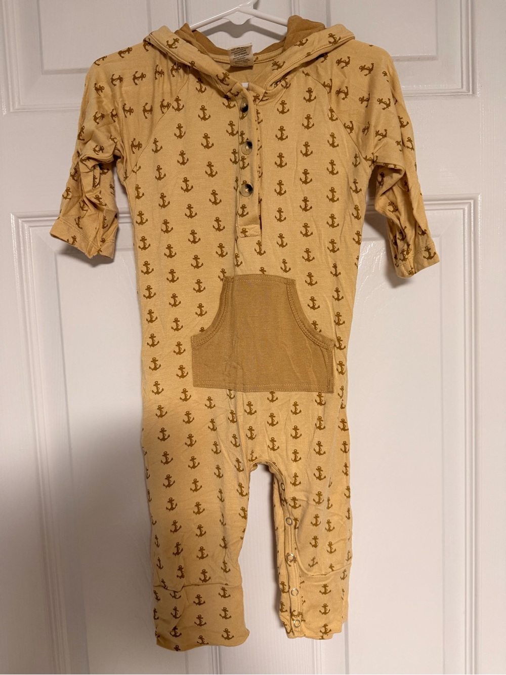 Yellow Anchor Print One-Piece Bamboo Romper with Hood